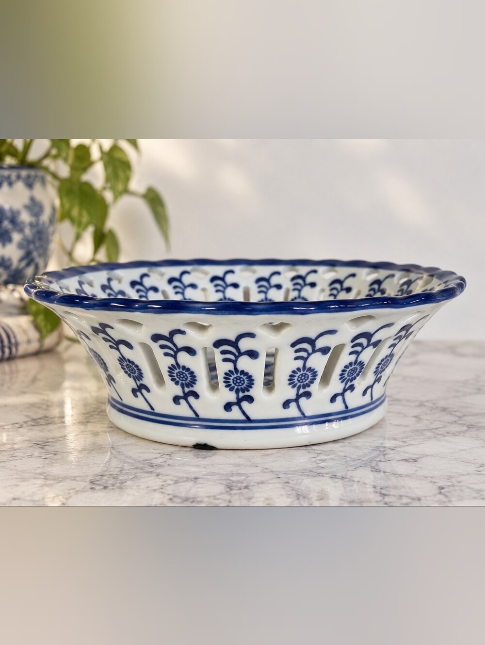 Blue White Porcelain Reticulated Bowl Asian Landscape Pierced Chinoiserie 8"